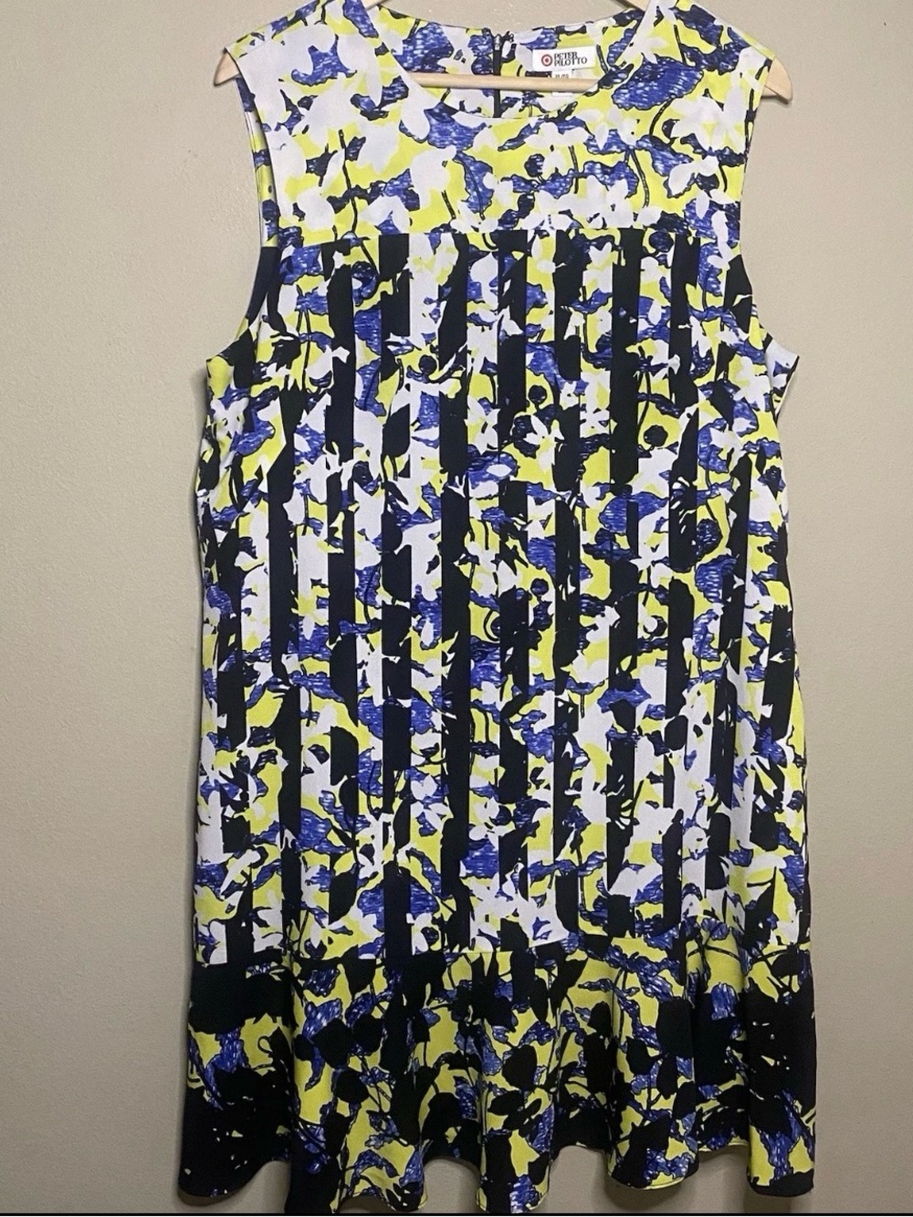 Peter Pilotto Target Sleeveless Shift Dress Large Yellow Blue Floral Striped